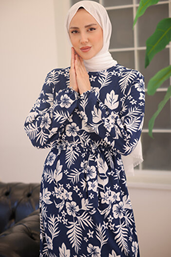benguen 2342 Floral Pattern Dress Navy Blue