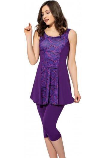 Argisa Purple Hijab Swimsuit - Semi Covered, Sleeveless Capri Tights, Model 6516