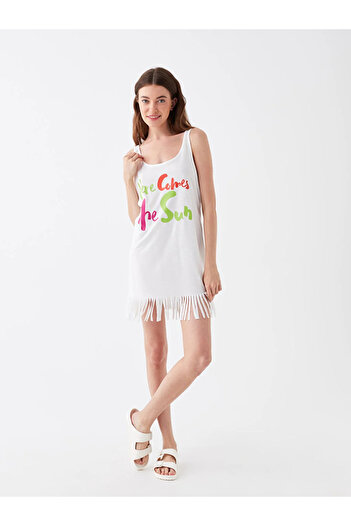 LC Waikiki LCW DREAM GSM storE - Γυναικείο φόρεμα παραλίας με στάμπα με λαιμόκοψη, κοντό μανίκι