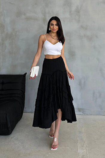 Ortaya Çık Black Asymmetrical Seersucker Skirt with Elastic Waist