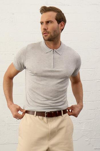 Danger Men's Basic Slim-fit Fit Polo Collar Summer Knitwear T-shirt Gray