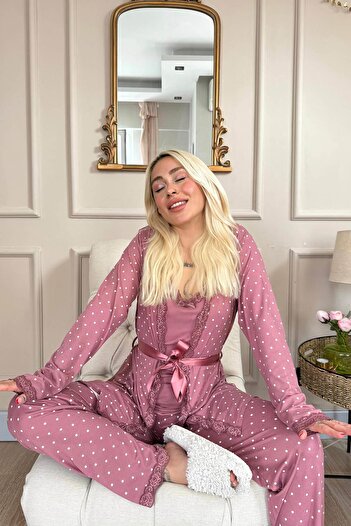 Pijamaevi Set de pijamale pentru damă, halat de toaletă din bambus cu model cu minipuncturi pulbere