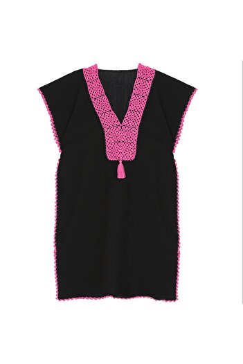 Soma Kadın Atölyesi Hand Embroidered Fuchsia Collar Black Pareo Lacy Cotton Fabric with Tassels Standard Size Black Fuchsia