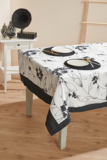 AYSHOME Black and White Floral Stain-Proof Tablecloth