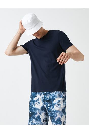 Koton Ανδρικό μπλουζάκι Navy Blue με λαιμόκοψη, κοντό μανίκι, βασικό βαμβακερό