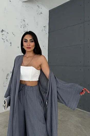 Ortaya Çık Gray Long Bottom Top Kimono Set