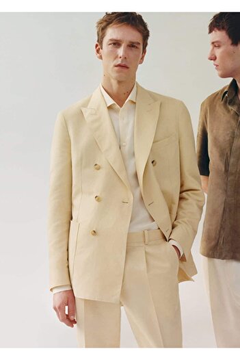 MANGO Man Pamuklu keten kruvaze blazer ceket