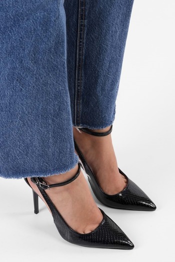 Shoeberry Women's Mila Black Crocodile Belt Ankle Stiletto