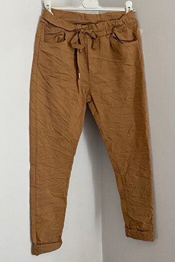 AYASOFYA OTANTIK Camel Colored Women's Trousers - Italian Tied, Skinny Leg