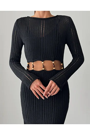 İLKCET MODA Waist Bead Detail Lined Perforated Dress