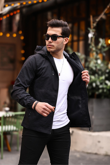 Rompasso Black Men's Crinkle/crinkle Waterproof Inner Pocket Hood Summer Spring Seasonal Jacket Windbreaker