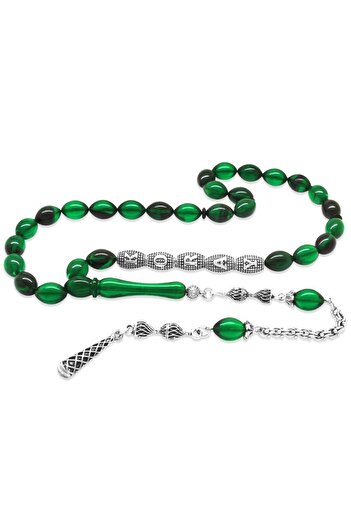 Tesbihane Green-Black Fire Amber Prayer Beads with Non-Tarnish Metal Tassels