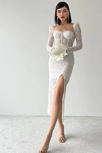 lovebox Women's Lace Fabric Sleeves Transparent Guipure Design Slit Detailed White Midi Evening Dress 249
