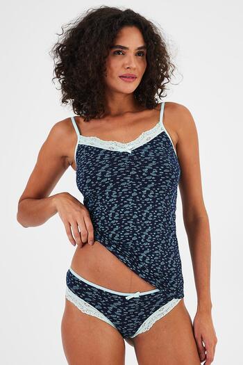 Penyelux Navy Blue Women's Blouse and Panty Set - Stretchy Cotton, Thin Straps