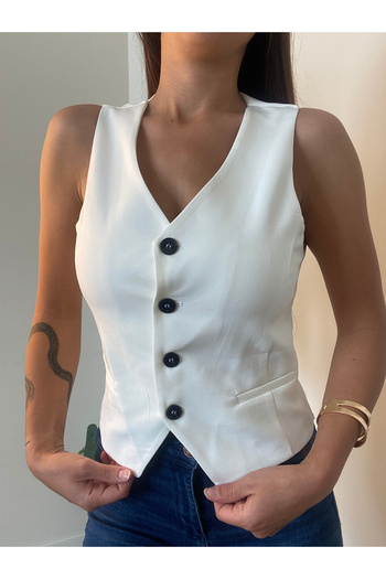 cn novembersun Women's White Buttoned V-Neck Lined Vest