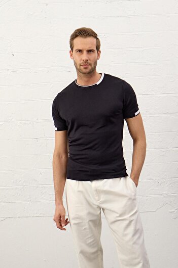 Danger Men's Garnished Slim-fit Mold Summer Knitwear T-shirt Dark Navy Blue