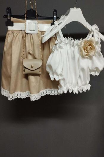 Riccotarz Girl's Off-Shoulder Crop and Brooch Brown Skirt Set
