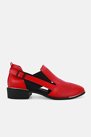 TUNAELLİ WOMEN'S RED GENUINE NATURAL LEATHER NUMBER 36-41 BUCKLE SHOES