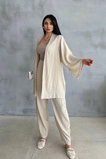 Ortaya Çık Beige Seersucker Kimono Set