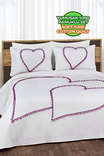 Evlen Home Collection Kalbim Pom-Pom Bedspread Set Double Quilted Pique Set Fiber Filled Cream-Lilac