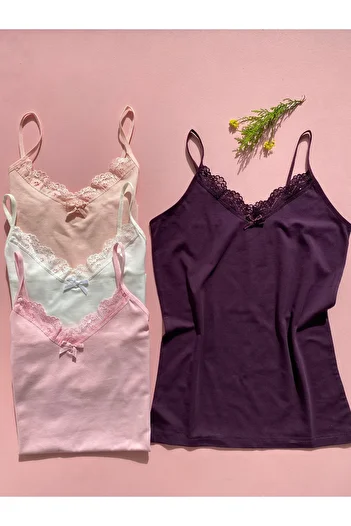 LEYNA BUTİK Cotton Lycra Rope Strap Pink, Ecru, Salmon, Purple 4 Pack Blouse-atlet