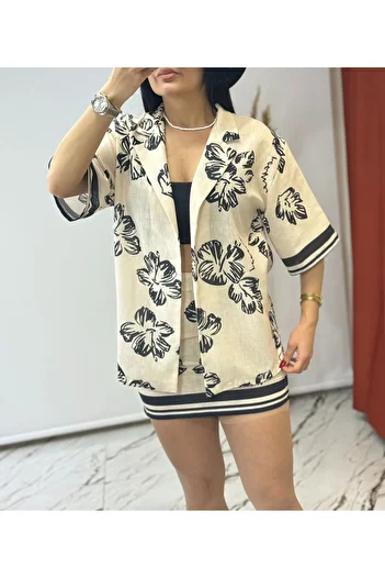 Butik Beyza Ecru Cotton Alaçatı Linen Fabric Patterned Set