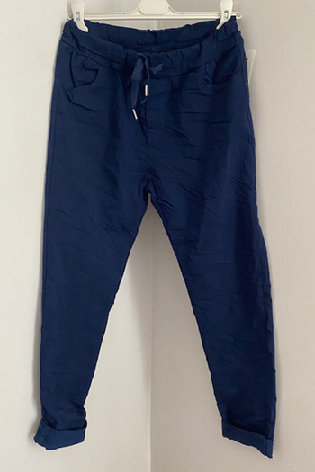 AYASOFYA OTANTIK Women's Navy Blue Italian Waist Tied Skinny Leg Trousers