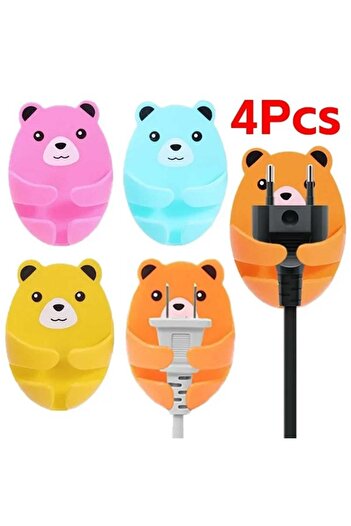 TİNEKE 4 Pieces Self Adhesive Bear Patterned Plug Strap Socket Socket Cable Holder