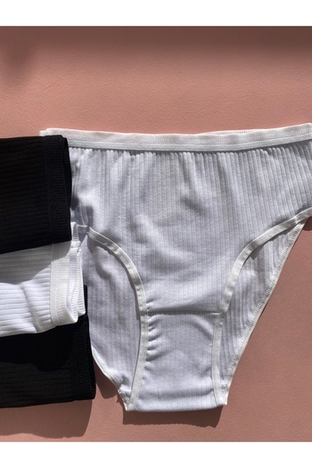 LEYNA BUTİK Corded Cotton Lycra 4-Piece Women's Triangle Bato Panties (BLACK-WHITE)