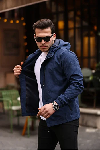 Rompasso Navy Blue Men's Crinkle/crinkle Waterproof Inner Pocket Hood Summer Spring Seasonal Jacket Windbreaker