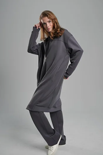 Monolou Scuba Fabric Pocket Zippered Long Jacket Anthracite
