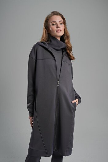 Monolou Scuba Fabric Pocket Zippered Long Jacket Anthracite