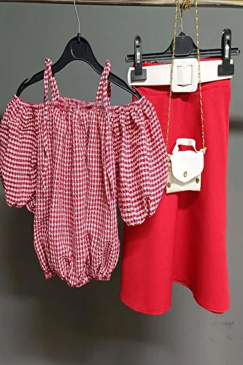 Riccotarz Girl's Square Patterned Off-Shoulder Red Skirt Set