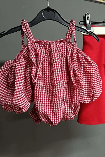 Riccotarz Girl's Square Patterned Off-Shoulder Red Skirt Set