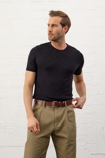 Danger Men's Patterned Crew Neck Slim-fit Fit Thin Knitwear T-shirt Black