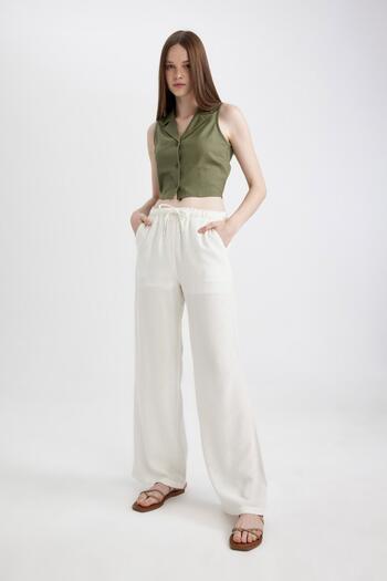 DeFacto Wide Leg - Three Pockets Linen Blended Pants, Regular Waist