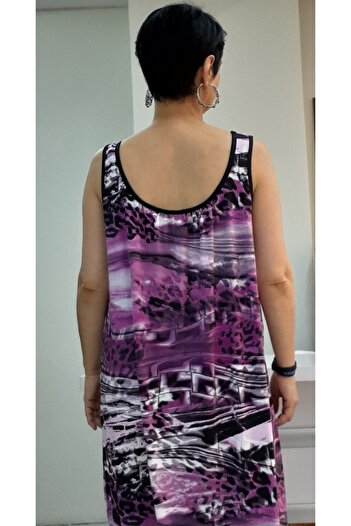 Mertcan Butik Φούξια μαύρο στάμπα φόρεμα βισκόζης με στάμπα μπροστά και πίσω