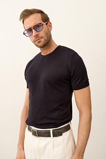 Danger Men's Striped Crew Neck Slim-fit Fit Thin Knitwear T-shirt Dark Navy