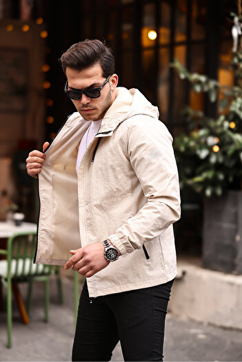 Rompasso Cream Men's Women's Waterproof Crinkle Fabric Inner Pocket Hood Summer Spring Seasonal Jacket Windbreaker