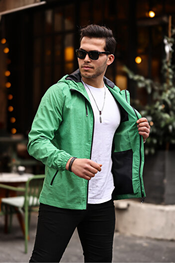 Rompasso Green Men's Women's Waterproof Crinkle Fabric Inner Pocket Hood Summer Spring Seasonal Jacket Windbreaker