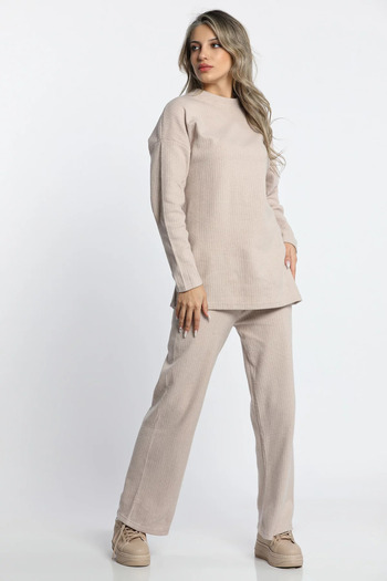GÜLSELİ Beige Women's Crew Neck Self Patterned Blouse Trousers Double Set