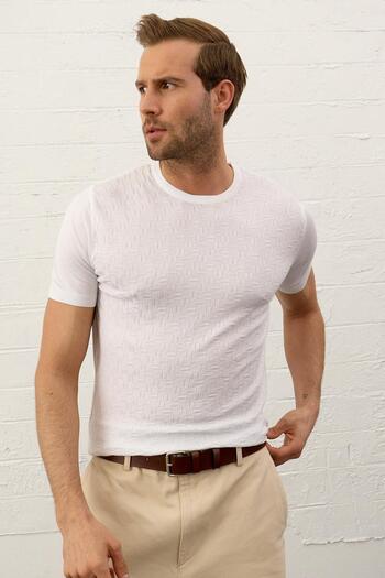 Danger Men's Patterned Crew Neck Slim-fit Fit Thin Knitwear T-shirt White