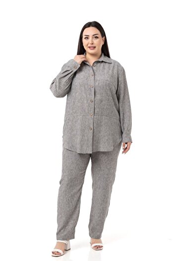 DISENTIS MODEST Large Size Linen Shirt Trousers Gray Double Set