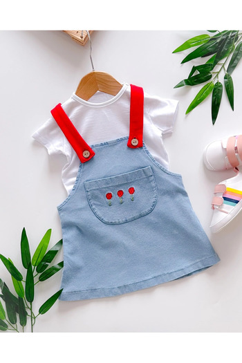 hümabebe Tulip Embroidery Colorful Straps Knitted Denim Fabric Summer Dress Salopet Set of 2