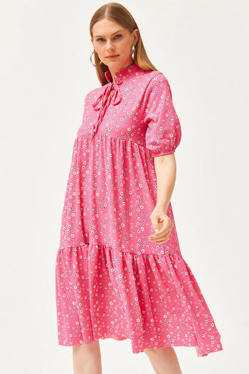 Olalook Rosa Kleid mit Kragen und Schnürung für Damen ELB-19002134