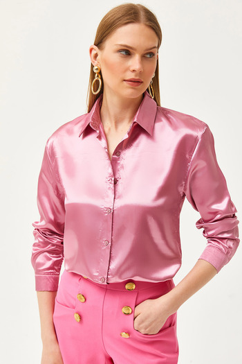 Olalook Women's Candy Pink Shiny Satin Surface Woven Shirt GML-19001195