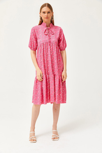 Olalook Rosa Kleid mit Kragen und Schnürung für Damen ELB-19002134