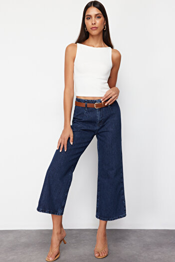 Trendyol Collection Tmavě modré džíny Culotte s vysokým pasem s páskem TWOSS24JE00303