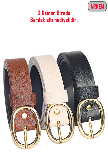 Arkem Women's Belt Black-Tan-Beige 3-Piece Set with Gift Under Cup