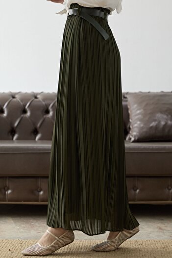 InStyle Belted Waist Gathered Chiffon Skirt - Khaki